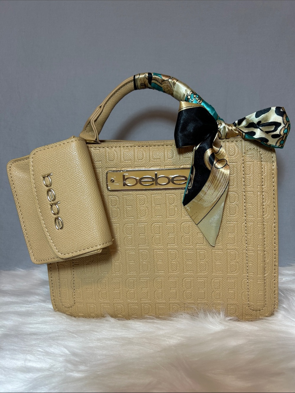 bebe Thea Small Satchel in Beige with Credit Card Holder and Removable Scarf NWT